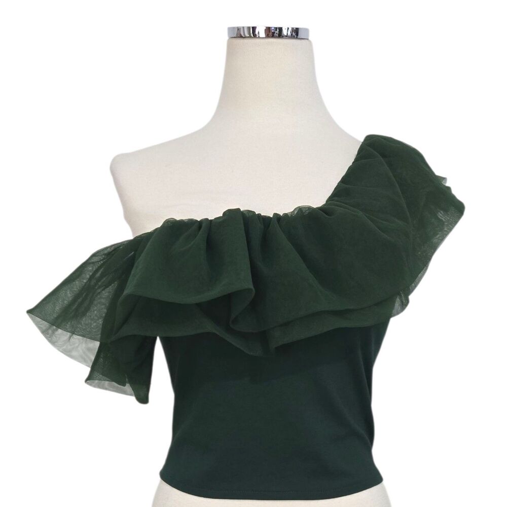 Anthropologie Sunday in Brooklyn Emerald Green Ruffle One Shoulder Blouse M
